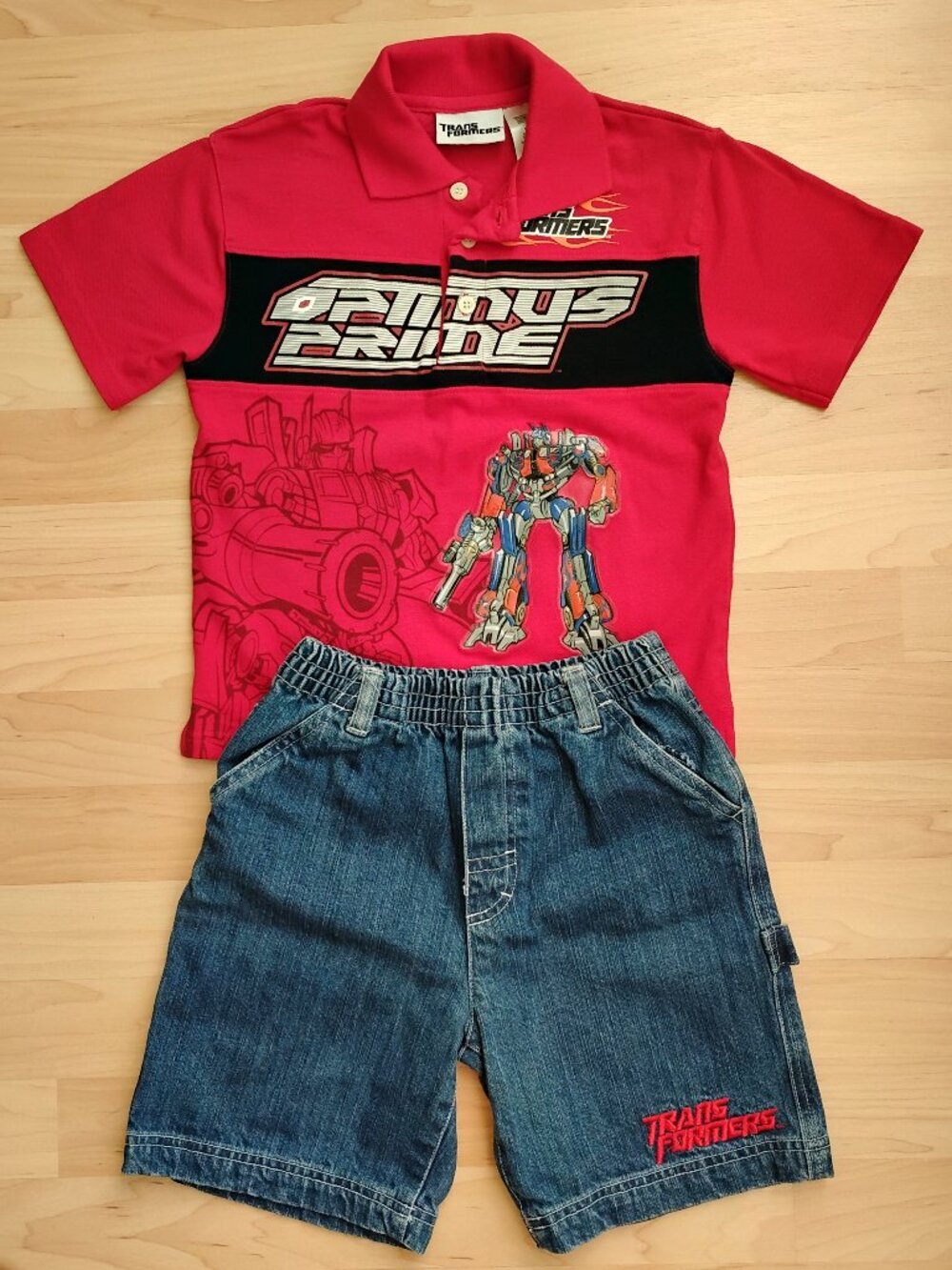 Transformers red polo shirt and denim shorts 100% cotton boy's " Optimus Prime "